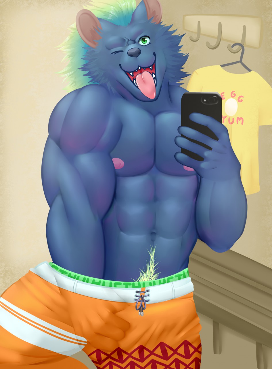abs anthro bench bottomwear bulge clothing genital_outline green_eyes green_hair hair hand_in_pants hand_under_clothes hi_res hyaenid looking_at_viewer male mammal muscular muscular_male nipples nyarlathotep_(housamo) penis_outline pink_nipples selfie shorts solo tokyo_afterschool_summoners tongue tongue_out video_games