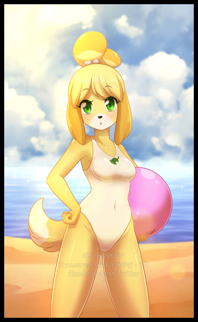 animal_crossing anthro ball beach blush breasts canid canine canis clothed clothing domestic_dog female fur gforce green_eyes hand_on_hip isabelle_(animal_crossing) looking_at_viewer mammal nintendo open_mouth outside seaside shih_tzu solo standing swimwear toy_dog video_games watermark yellow_body
