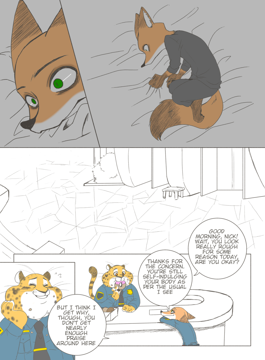2016 alternate_version_at_source anthro bed benjamin_clawhauser bird's-eye_view canid canine cheetah clothed clothing comic dialogue disney doughnut duo eating edit english_text felid feline food fox fully_clothed furniture green_eyes hard_translated hi_res high-angle_view lying mammal nick_wilde on_bed on_side puki red_fox speech_bubble text translated zootopia