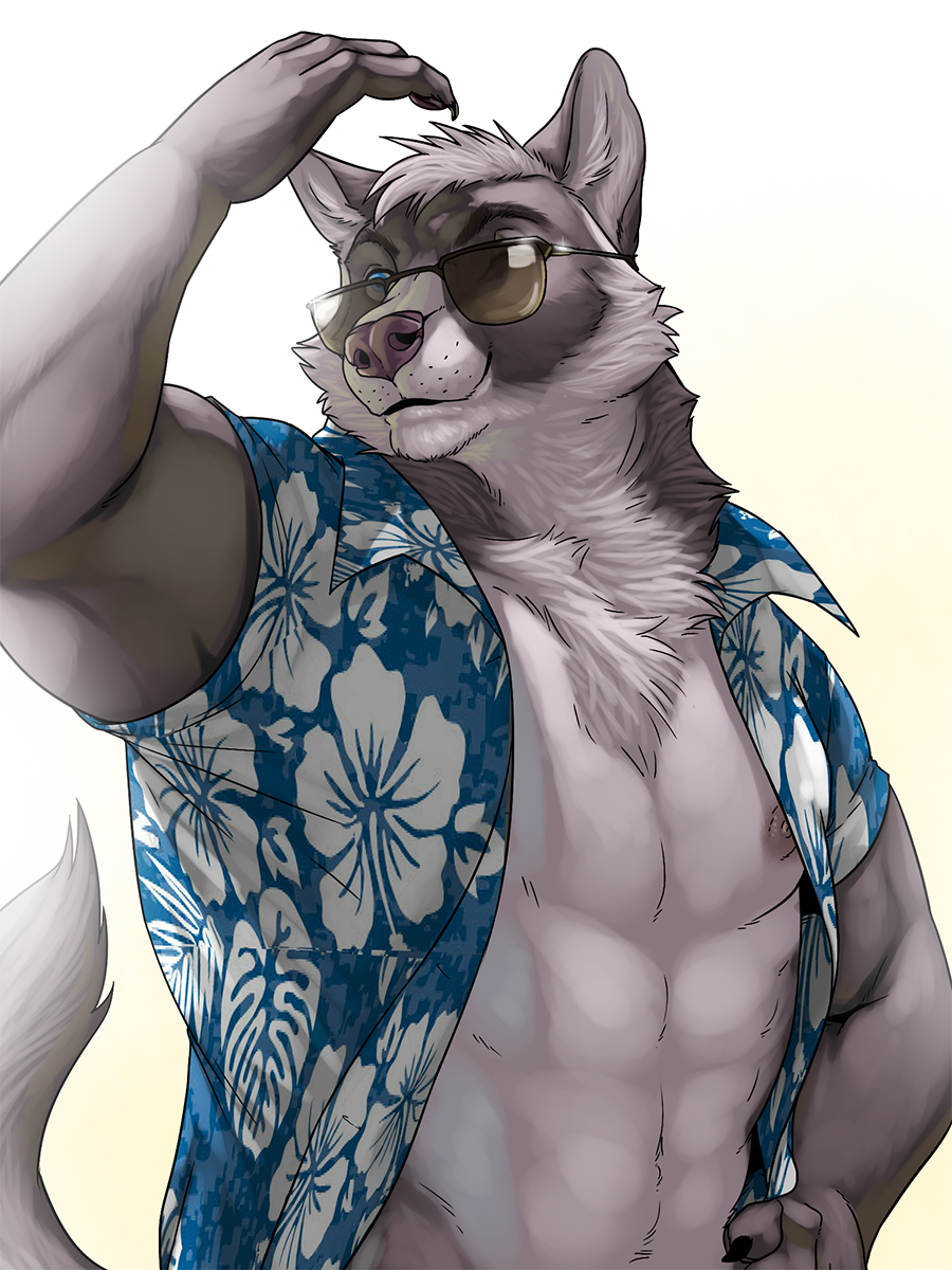 2017 anthro black_claws blue_eyes canid canine canis claws clothed clothing conal_(character) eclipsewolf eyewear fur grey_body grey_fur half-length_portrait hi_res humanoid_hands male mammal nipples open_shirt portrait shirt simple_background solo sunglasses topwear white_background wolf