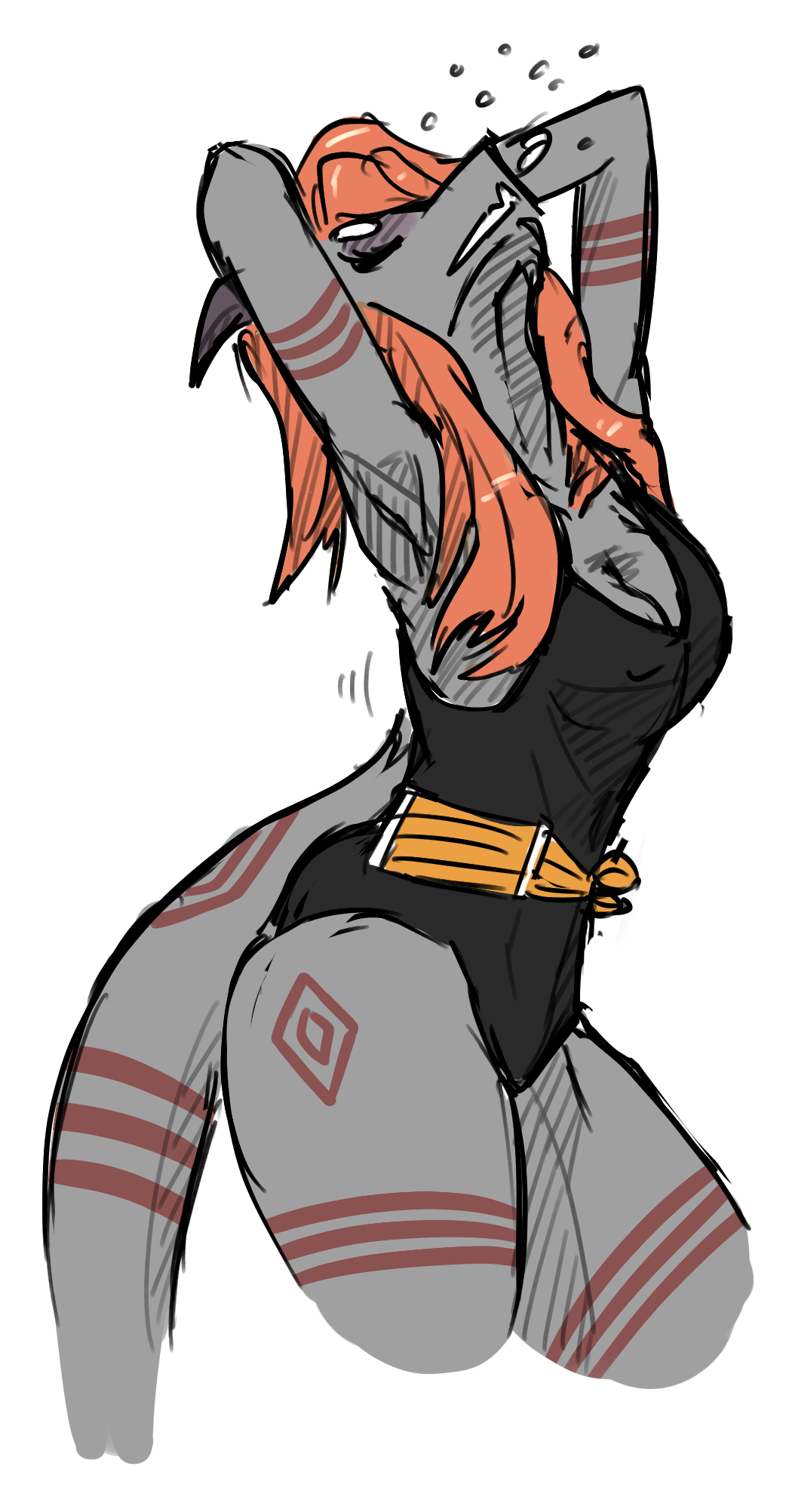 anthro arms_above_head breasts cleavage clothed clothing dragon eyes_closed eyeshadow female grey_body hair hi_res makeup orange_hair partially_open_mouth simple_background solo solo_focus streching thick_thighs zeds