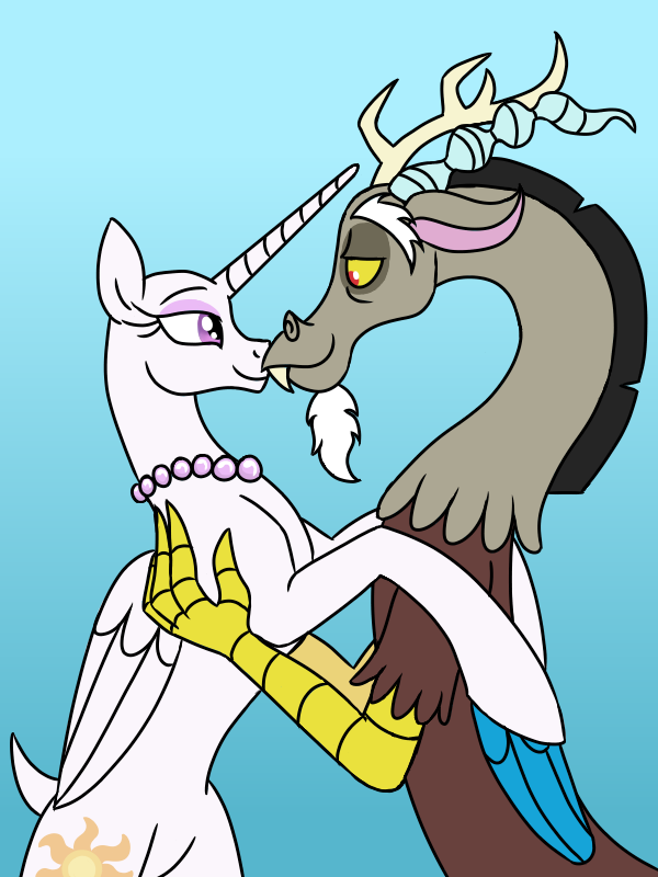 bald chimera cutie_mark discord_(mlp) draconequus duo embrace equid equine eyeliner eyeshadow female feral friendship_is_magic gem horn horse housewife hug husband_and_wife hybrid jewelry makeup male male/female mammal married_couple mascara my_little_pony necklace pearl_(gem) pearl_necklace pony princess_celestia_(mlp) shaved_head shaved_tail smile spyroforlife story story_in_description winged_unicorn wings
