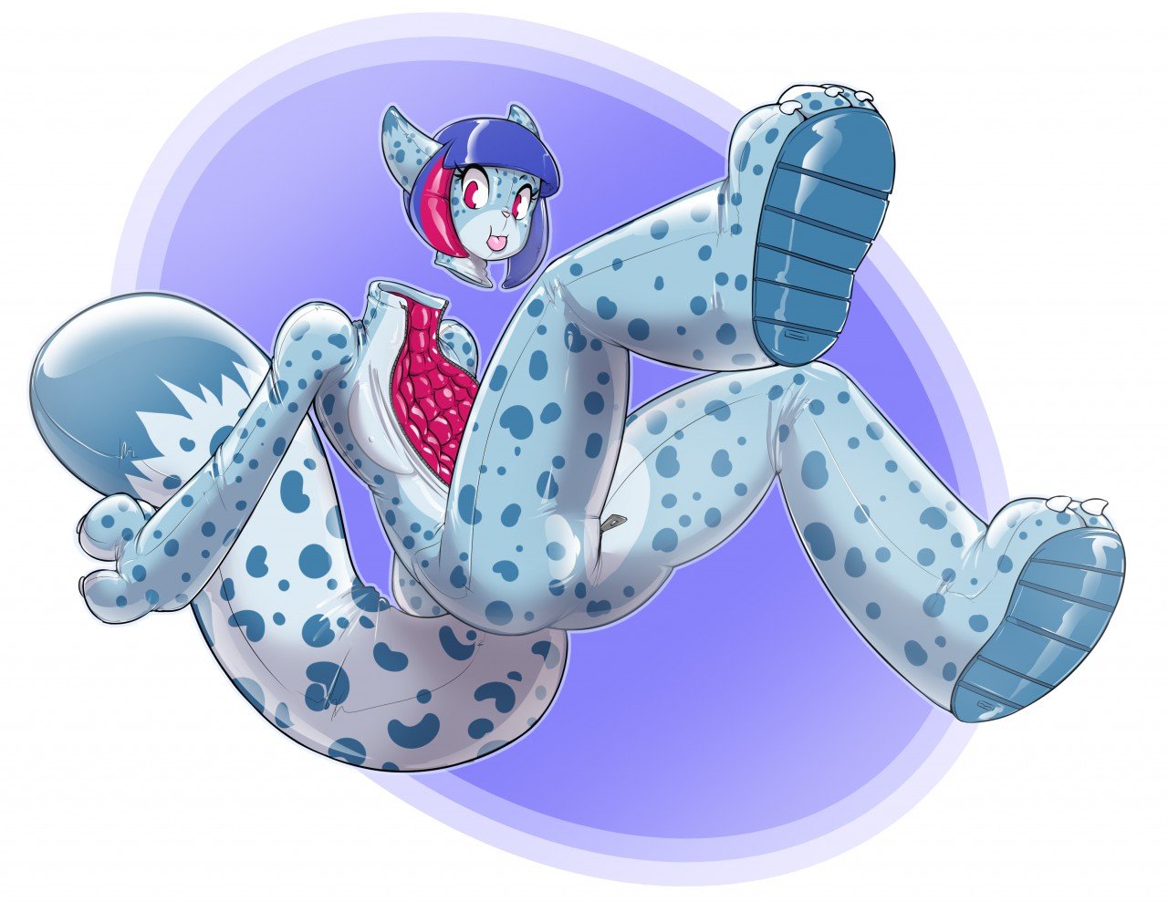 2020 animate_inanimate anthro blue_hair breasts felid hair helixjack living_clothing mammal mew_(helixjack) nipples pantherine red_eyes short_hair simple_background snow_leopard tongue tongue_out zipper