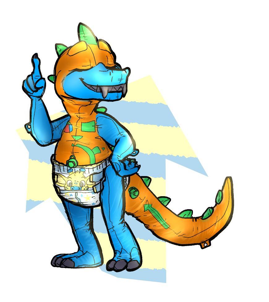 abu animate_inanimate anthro diaper dinosaur gesture giraffe giraffid inflatable living_inflatable male mammal pattern_diaper peekabu pointing pool_toy reptile rex scalie simple_background solo star techno.