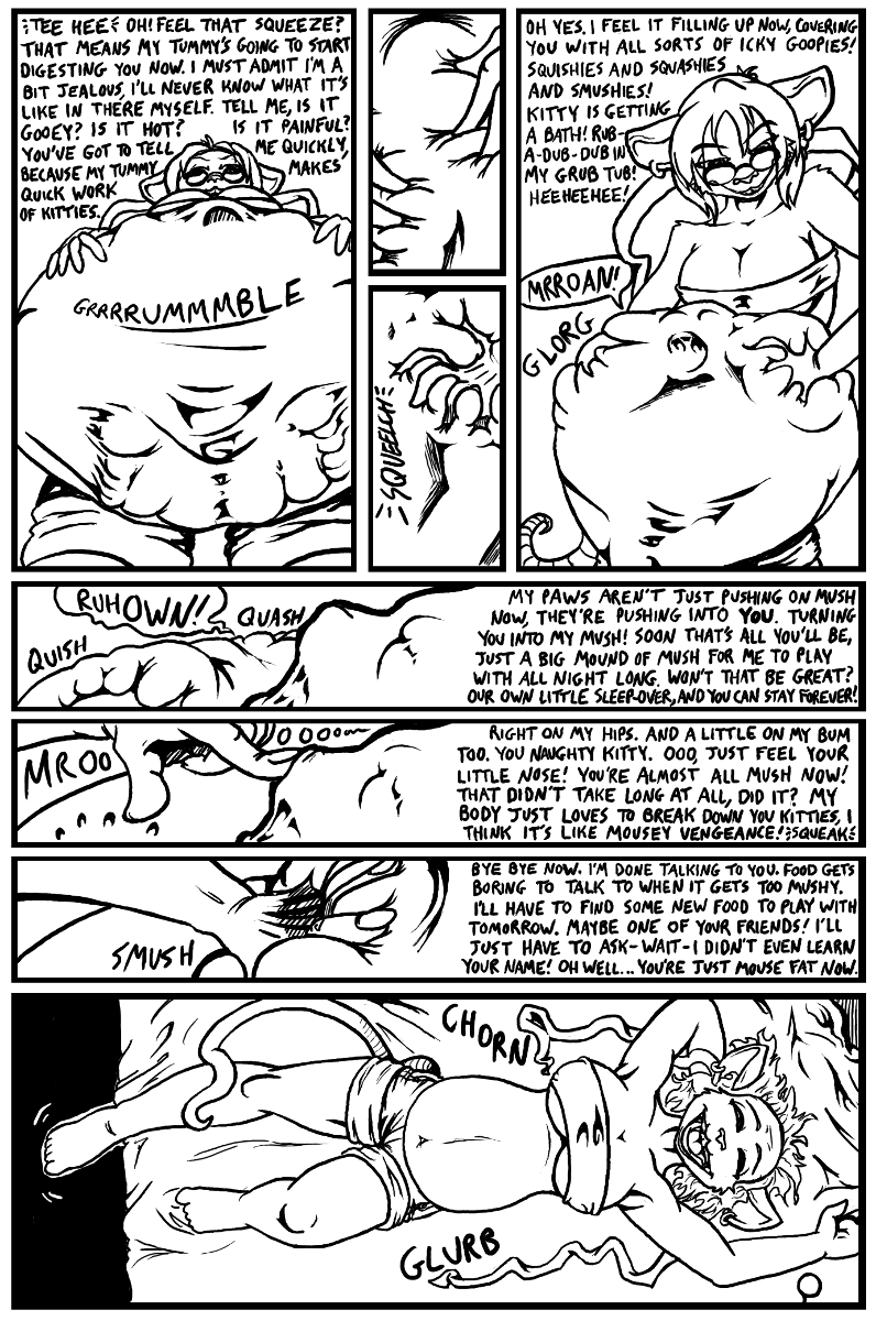 abdominal_bulge after_vore ambiguous_gender ambiguous_prey anthro anthro_pred barefoot bed belly belly_rub belly_squish big_belly big_breasts black_and_white bottomwear breasts cleavage clothed clothing comic cruelty death dialogue digestion duo ear_piercing ear_ring english_text eyes_closed eyewear face_imprint female female_pred fur furniture glasses hair hi_res inside looking_at_another lying mammal monochrome mouse murid murine on_back on_bed open_mouth piercing rodent role_reversal rumbling_stomach same_size_vore shorts sleeping smile soft_vore solo_focus sound_effects speech_bubble squish standing stank_(artist) struggling taunting text tube_top vore white_body white_fur white_hair