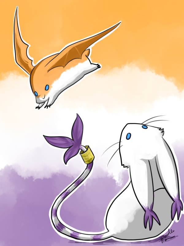 ambiguous_gender blue_eyes chibi digimon digimon_(species) ear_tuft feral gatomon long_tail markings orange_background orange_body patamon pidoodle purple_background purple_markings signature simple_background smile tail_markings tail_ring tail_tuft tuft whiskers white_background white_body wings