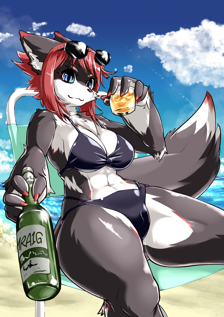 5_fingers :3 alcohol anthro beach beverage big_breasts bikini black_and_white_fur black_body black_fur blue_eyes bottle breasts camel_toe canid canine chair chest_tuft claws cleavage clothed clothing cloud day detailed_background dipstick_tail eyewear female fingers fox fur furniture hair holding_bottle holding_glass holding_object inner_ear_fluff kemono looking_at_viewer mammal midriff multicolored_body multicolored_fur multicolored_tail navel outside red_hair sakamata_orca sand seaside sitting sky smile soft_abs solo sunglasses swimwear tuft two_tone_body two_tone_fur water white_body white_fur wide_hips