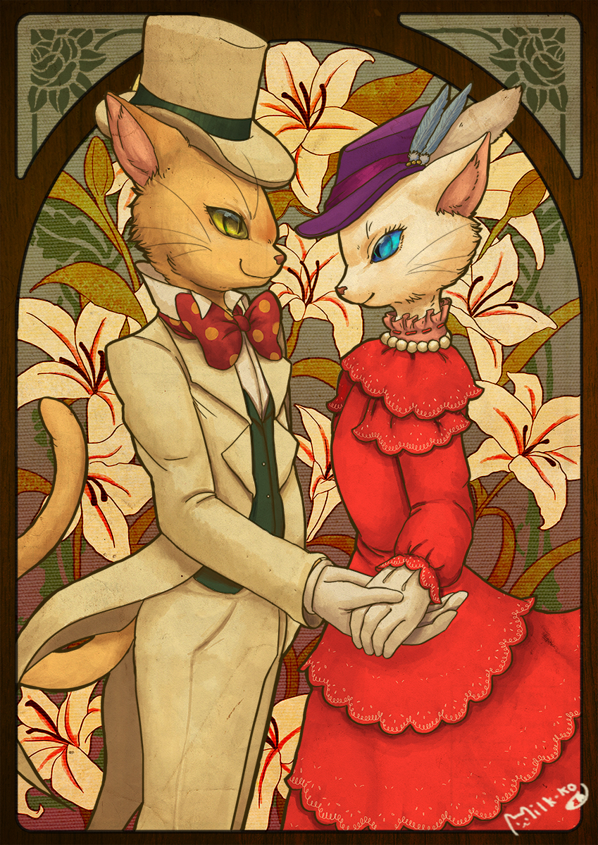 baron_humbert_von_gikkingen blue_eyes bow_tie clothed clothing dress duo female flower fully_clothed fur ghibli hand_holding handwear hat headgear headwear hi_res jewelry lily_(flower) louise male male/female milkaron necklace plant romantic_ambiance romantic_couple suit tan_body tan_fur top_hat whisper_of_the_heart white_body white_fur yellow_eyes