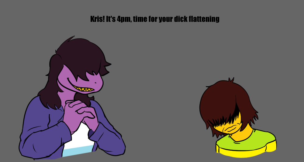 2020 anthro breasts brown_hair clasped_hands clothed clothing deltarune dick_flattening digital_media_(artwork) duo english_text evergreenplate female frown grin hair hand_holding human kris_(deltarune) larger_female male mammal meme scalie sharp_teeth shirt simple_background size_difference smaller_male smile susie_(deltarune) teeth text topwear video_games yellow_teeth