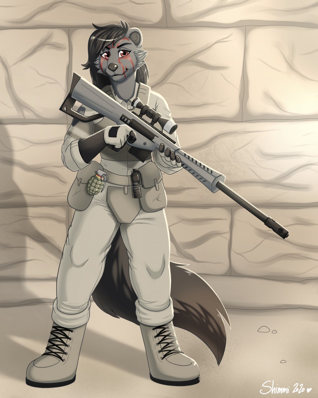 2020 ambiguous_gender anthro belt boots bottomwear character_request clothed clothing explosives footwear fully_clothed grenade gun hi_res holding_gun holding_object holding_weapon pants ranged_weapon shimmi_(artist) solo species_request standing weapon