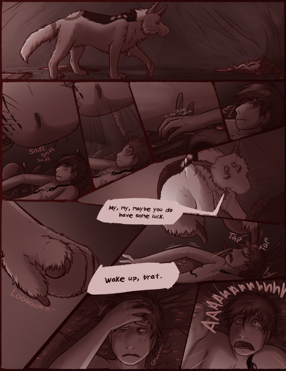 2020 cave comic digital_media_(artwork) duo english_text feral fur hair hi_res human humanoid lemondeer male mammal monochrome monster mordecai_(lemondeer) nipples noah_(downthehatch) nude screaming simple_background size_difference sleeping smaller_human smaller_male sniffing snout text whiskers