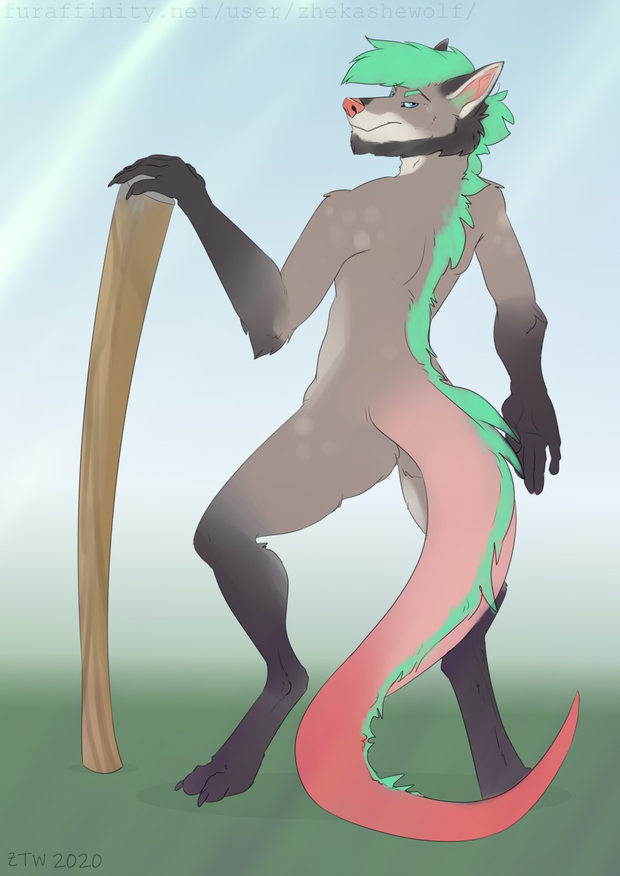 3_toes 5_fingers anthro back_tuft brown_body brown_fur fingers fur gift green_body green_fur hi_res long_tail looking_at_viewer looking_back looking_back_at_viewer male pink_nose simple_background sketch smerk smile solo stick toes tuft vincent zhekathewolf