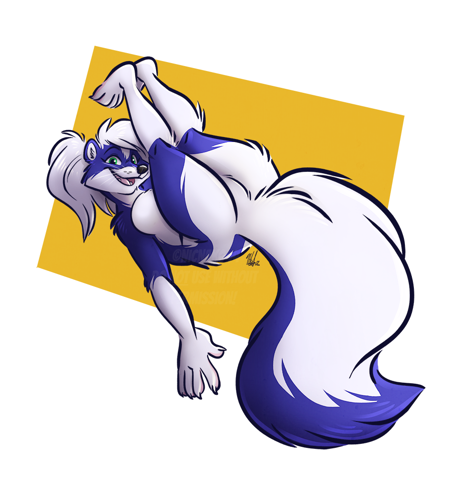 blue_body blue_fur butt curvy_figure featureless_crotch feet female fur green_eyes hair mammal mephitid nicnak044 paws pinup pose simple_background skunk solo striped_skunk taki whiskers white_background white_hair yoga