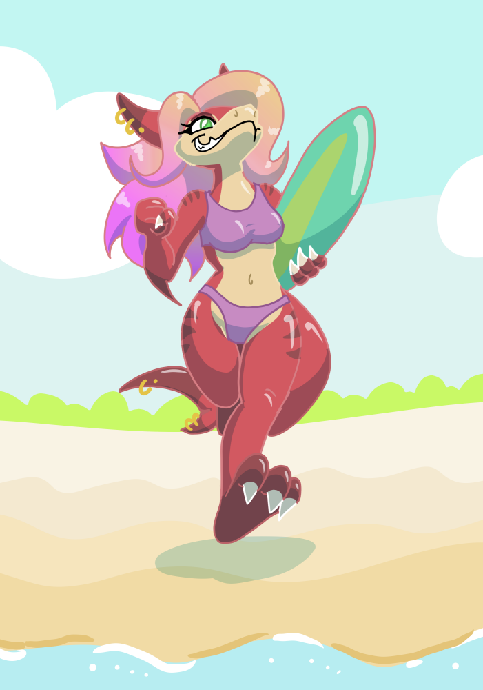 beach bikini claws clothed clothing ear_piercing ear_ring female fish green_eyes hair marine midriff navel piercing red_body red_scales scales seaside shark solo surfboard swimwear tail_rings tempestryder vehicle watercraft