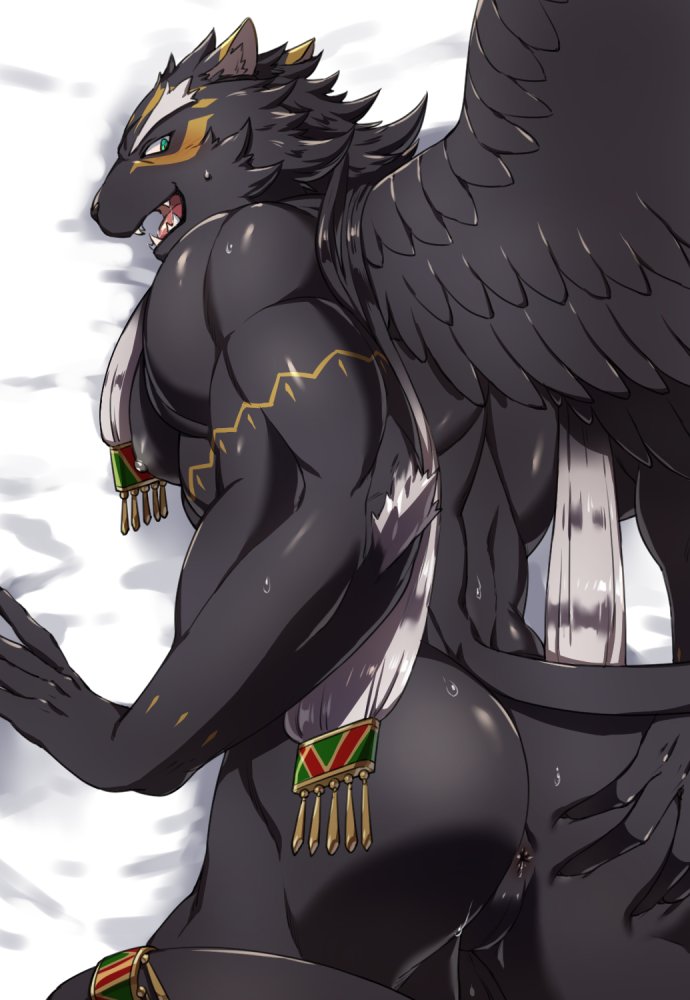 aaassstaro anthro anus balls bed black_body black_fur bodily_fluids butt felid fur furniture genitals green_eyes hand_on_butt looking_back male mammal muscular muscular_male nipples open_mouth pantherine perineum presenting presenting_anus solo spread_butt spreading sweat tezcatlipoca tokyo_afterschool_summoners video_games wings