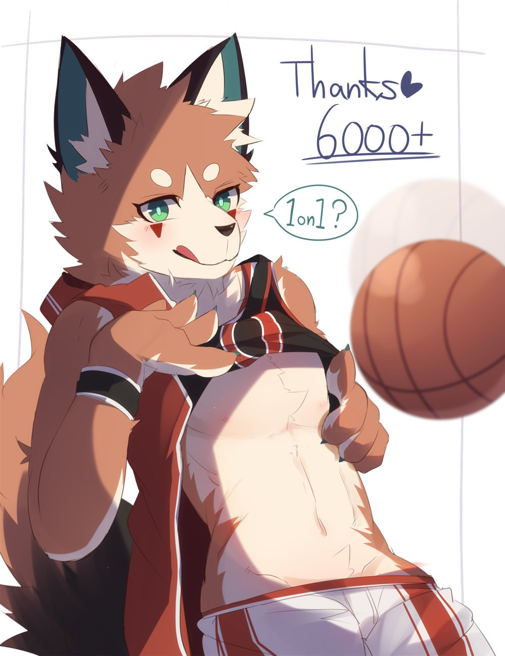 &lt;3 4_fingers anthro athletic athletic_male ball basketball_(ball) black_nose blush bottomwear canid canine cheek_tuft chest_tuft claws clothed clothing crotch_tuft dialogue dipstick_tail english_text eye_markings facial_tuft fingers fluffy fox foxy_(nekojita) fur green_eyes head_tuft hi_res inner_ear_fluff jersey kemono leaning leaning_back licking licking_lips looking_at_viewer male mammal markings midriff milestone multicolored_body multicolored_fur multicolored_tail neck_tuft nekojita orange_body orange_fur partially_clothed raised_clothing raised_shirt shorts simple_background solo speech_bubble standing text tongue tongue_out topwear tuft white_background white_body white_fur