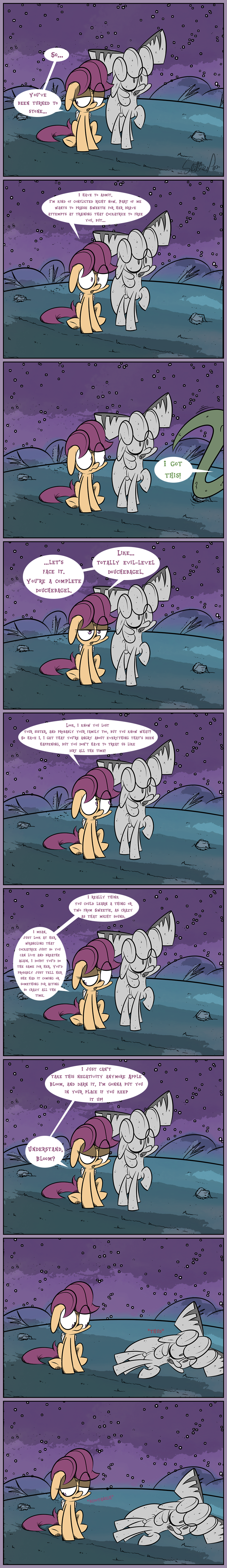 2014 absurd_res apple_bloom_(mlp) bandage border colored comic dialogue digital_media_(artwork) duo ears_down english_text equid equine female feral friendship_is_magic front_view fur grass half-closed_eyes hi_res horse long_image looking_at_another mammal mane my_little_pony narrowed_eyes night onomatopoeia open_mouth orange_body orange_fur outside pegasus_pony petrified pivoted_ears pony purple_eyes purple_mane red_bow red_mane scootaloo_(mlp) scrunchy_face signature sitting slitherpon sound_effects speech_bubble starscape tall_image text toony yellow_body yellow_eyes yellow_fur