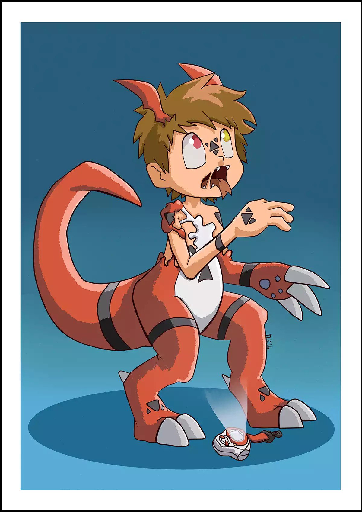 2_toes 3_fingers 5_fingers bailey_foxheart blue_background brown_hair claws digimon digimon_(species) digivice fingers goo_(disambiguation) goo_transformation guilmon hair hi_res human human_to_anthro male mammal markings open_mouth red_body red_eyes reptile scalie simple_background species_transformation takato_matsuki teeth toes tongue transformation yellow_eyes