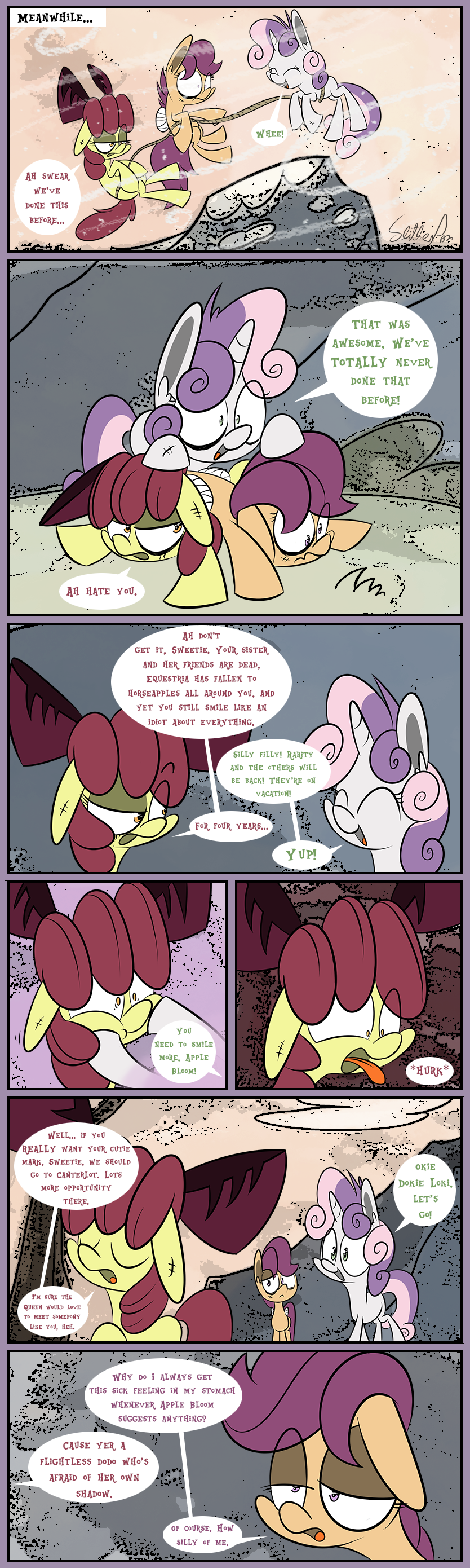 2014 absurd_res apple_bloom_(mlp) bandage border colored comic detailed_background dialogue digital_media_(artwork) ears_down english_text equid equine eyes_closed female feral friendship_is_magic front_view fur green_eyes group half-closed_eyes hi_res horse looking_at_another mammal mane multicolored_mane my_little_pony narrowed_eyes orange_body orange_fur outside pegasus_pony pivoted_ears pony purple_eyes purple_mane red_bow red_mane scootaloo_(mlp) signature slitherpon speech_bubble sweetie_belle_(mlp) text three-quarter_view toony trotting two_tone_mane two_tone_tail unicorn_pony white_body white_fur yellow_body yellow_eyes yellow_fur