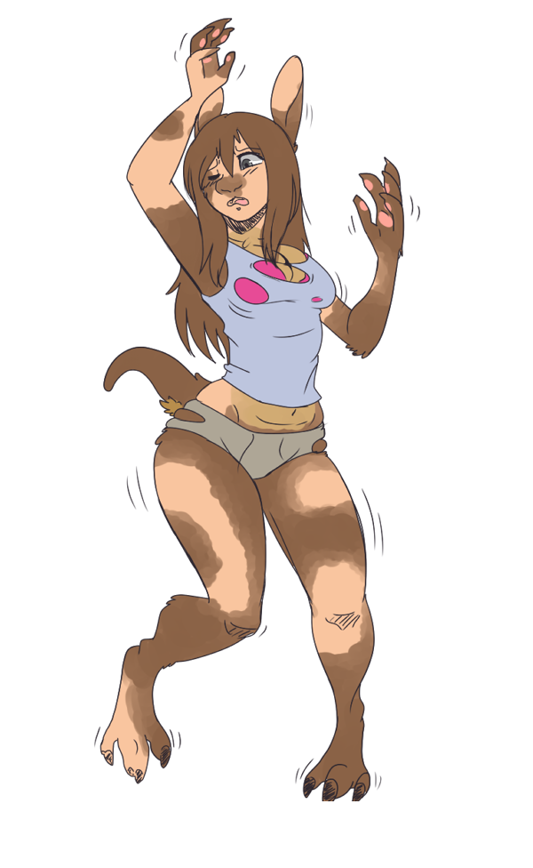 2013 barefoot breasts brown_body brown_fur brown_hair clothing female fur hair human_to_anthro kangaroo macropod mammal marsupial one_eye_closed pawpads simple_background slipe solo species_transformation standing tail_growth torn_clothing transformation white_background