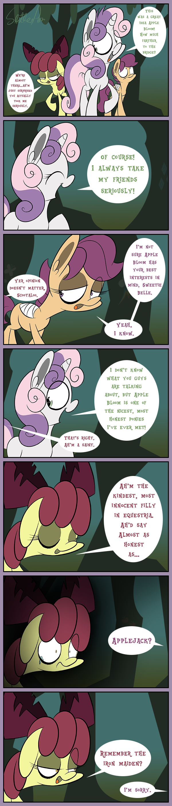 2014 absurd_res apple_bloom_(mlp) bandage border colored comic cutie_mark detailed_background dialogue digital_media_(artwork) ears_back english_text equid equine eyes_closed female feral friendship_is_magic front_view fur green_eyes group half-closed_eyes hi_res horse long_image looking_at_another looking_back mammal mane multicolored_mane my_little_pony narrowed_eyes orange_body orange_fur outside pegasus_pony pivoted_ears pony purple_eyes purple_mane red_bow red_mane scootaloo_(mlp) side_view signature slitherpon speech_bubble sweetie_belle_(mlp) tall_image teary_eyes text toony two_tone_mane two_tone_tail unicorn_pony walking white_body white_fur yellow_body yellow_fur