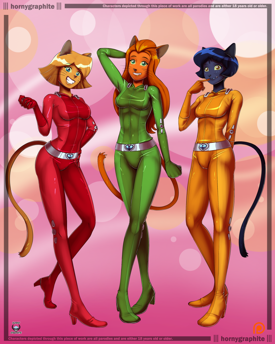 2019 alex_(totally_spies) alternate_species anthro belt black_hair blonde_hair breasts clothing clover_(totally_spies) domestic_cat felid feline felis female footwear group hair hand_behind_head hi_res high_heels hornygraphite jumpsuit mammal red_hair sam_(totally_spies) shoes simple_background smile tight_clothing totally_spies whiskers