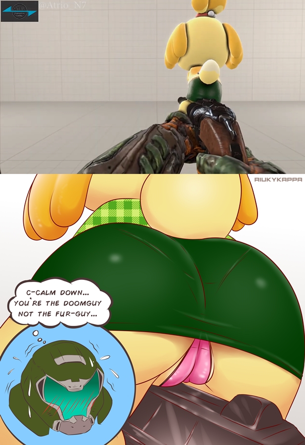 2020 animal_crossing anthro big_butt blush bodily_fluids bottomwear butt camel_toe canid canine canis clothed clothing dialogue domestic_dog doom_(series) doom_guy duo english_text female fur genitals gun hair id_software isabelle_(animal_crossing) male male/female mammal miniskirt nintendo panties pussy ranged_weapon riukykappa shih_tzu simple_background sitting skirt sweat text thick_thighs thought_bubble toy_dog underwear video_games weapon white_background wide_hips yellow_body yellow_fur