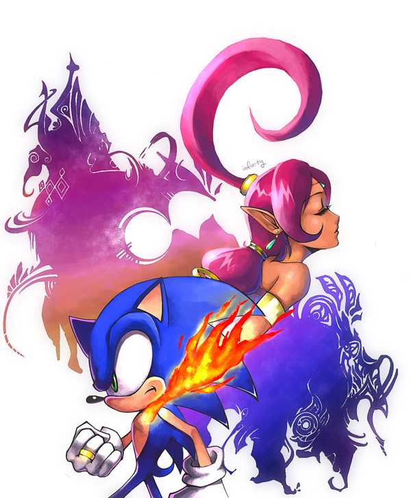 2009 anthro blue_body blue_fur clothing duo eulipotyphlan female fire frown fur genie gloves green_eyes hair handwear hedgehog humanoid male mammal pink_hair ponytail ring shahra_genie_of_the_ring shunan simple_background sonic_and_the_secret_rings sonic_storybook_series sonic_the_hedgehog sonic_the_hedgehog_(series) white_background