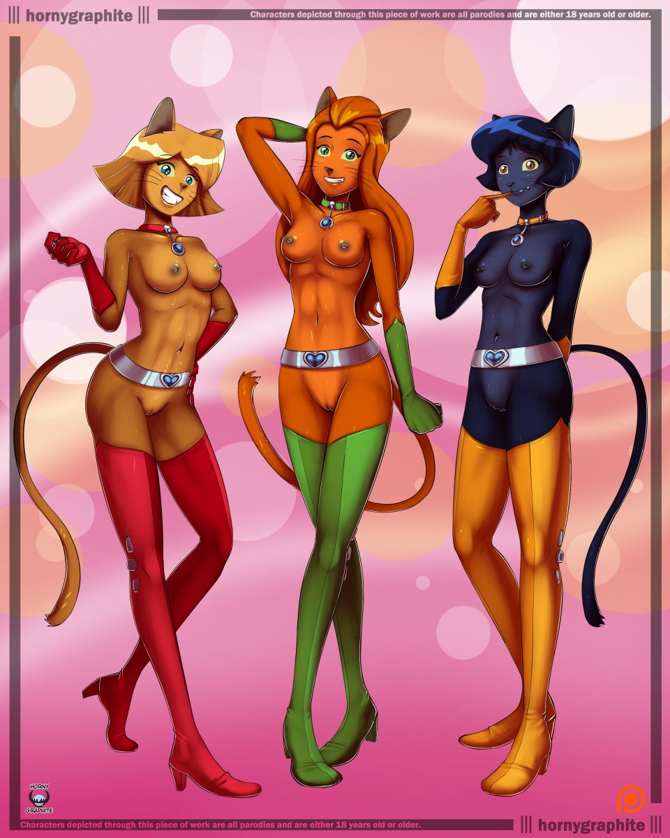 2019 alex_(totally_spies) alternate_species anthro belt black_hair blonde_hair breasts clothing clover_(totally_spies) collar domestic_cat felid feline felis female footwear furrification genitals gloves group hair hand_behind_head handwear hi_res high_heels hornygraphite legwear mammal navel nipples pussy red_hair sam_(totally_spies) shoes simple_background smile thigh_highs totally_spies transformation whiskers