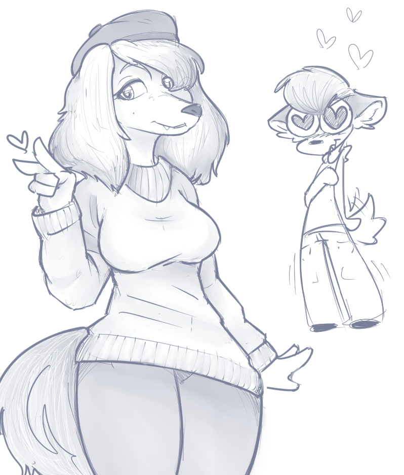 &lt;3 &lt;3_eyes anthro beret black_nose breasts canid canine canis clothing domestic_dog female hair hat headgear headwear looking_at_another looking_at_viewer love male mammal monochrome peace_sign_(disambiguation) sketch solanacia tailwag teeth
