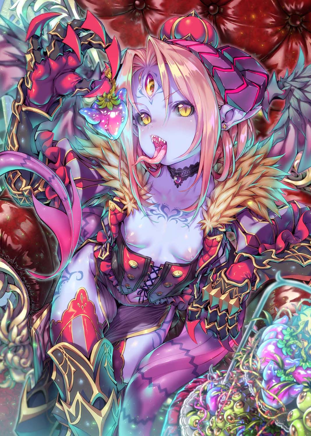 1girl armchair armor armored_boots black_sclera blue_skin blush boots breasts brooch chair choker corset cross-laced_clothes crossed_legs crown curled_horns demon_girl demon_tail demon_wings detached_collar earrings eyeball feathers food gauntlets gold_trim greaves highres holding holding_food horns jewelry kink leather_chair long_tongue medium_hair navel nipples on_chair open_mouth original pelvic_curtain pink_hair pointy_ears sharp_teeth sitting slit_pupils small_breasts solo stud_earrings tail tattoo teeth thighhighs third_eye tongue towako_(akane_shinsha) wings yellow_eyes