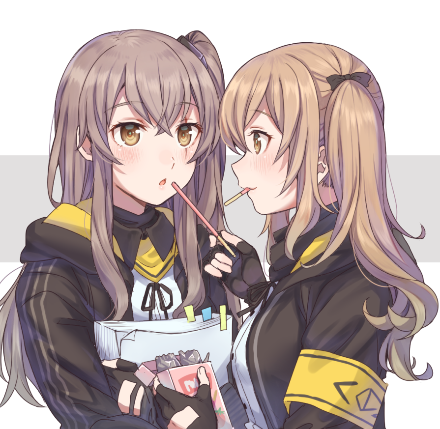 2girls bangs black_border black_gloves black_jacket black_neckwear border bow brown_eyes brown_hair closed_mouth commentary eyebrows_visible_through_hair feeding fingers food girls_frontline gloves hair_bow hair_tie holding holding_food hood hood_down hooded_jacket hoodie jacket long_hair long_sleeves looking_at_another mouth_hold multiple_girls neck_ribbon open_clothes open_jacket open_mouth paper pocky ribbon scar scar_across_eye shirt siblings side_ponytail sisters smile totonii_(totogoya) twintails ump45_(girls_frontline) ump9_(girls_frontline) white_shirt