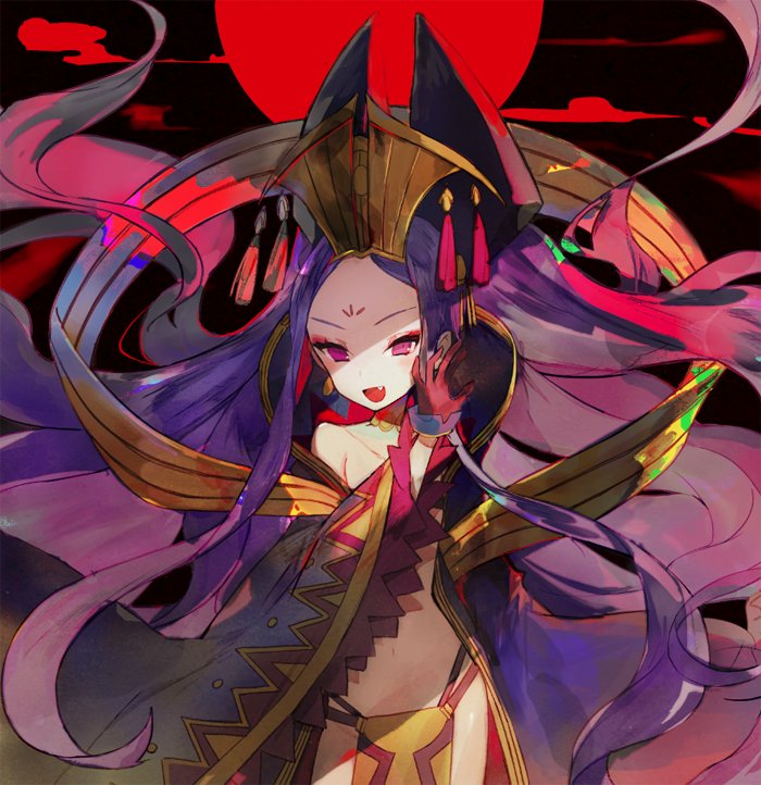 1girl :d big_hair cowboy_shot earrings facial_mark fang fate/grand_order fate_(series) forehead_mark gloves hands_up jewelry jpeg_artifacts long_hair looking_at_viewer mo_(mocopo) navel open_mouth pelvic_curtain pink_eyes purple_hair red_gloves smile solo standing very_long_hair wu_zetian_(fate/grand_order)