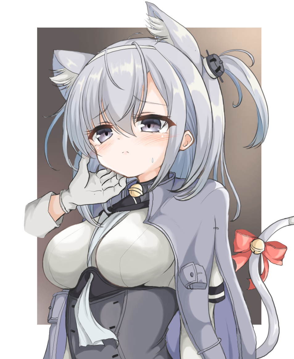 1girl animal_ear_fluff animal_ears bangs bell blush bodysuit breasts cape cat_ears cat_tail chin_tickle closed_mouth eyebrows_visible_through_hair gloves grey_cape grey_eyes hachimaki hair_between_eyes headband kantai_collection kasashi_(kasasi008) long_hair medium_breasts one_side_up out_of_frame ribbon silver_hair simple_background suzutsuki_(kantai_collection) sweat tail tail_bell tail_ribbon upper_body white_bodysuit white_gloves white_headband