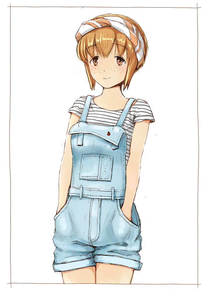 1girl bangs blush brown_eyes brown_hair casual denim eyebrows_visible_through_hair frame freckles hands_in_pockets headband light_smile looking_at_viewer overall_shorts overalls shiny shiny_hair shirt short_hair short_sleeves smile solo striped striped_shirt t-shirt tanaka_mako watashi_ga_motenai_no_wa_dou_kangaetemo_omaera_ga_warui!