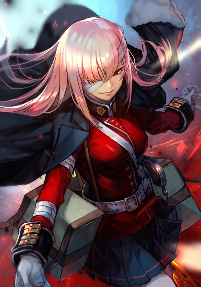 1girl bandage_over_one_eye bandages bangs belt black_coat black_skirt breasts closed_mouth coat fate/grand_order fate_(series) floating_hair florence_nightingale_(fate/grand_order) gloves hair_down hankuri jacket jacket_on_shoulders long_hair long_sleeves medium_breasts military military_jacket military_uniform pantyhose pink_hair pleated_skirt pouch red_eyes red_jacket sam_browne_belt skirt solo uniform white_belt white_gloves white_legwear