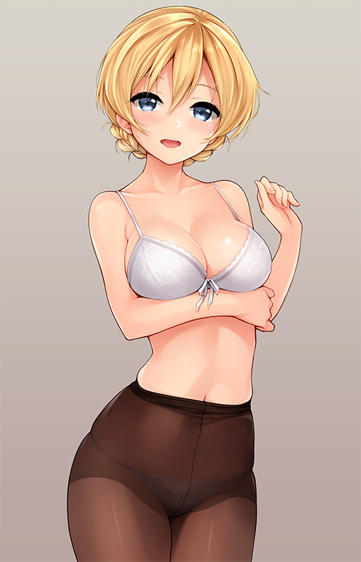 1girl bangs blonde_hair blue_eyes bra braid breast_hold breasts collarbone crotch_seam darjeeling_(girls_und_panzer) girls_und_panzer gradient gradient_background harino646 medium_breasts navel neck panties panties_under_pantyhose pantyhose short_hair smile string_bra tied_hair underwear white_bra white_panties