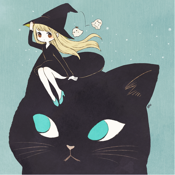 1girl ayu_(mog) black_cat black_dress black_headwear blonde_hair blue_background blue_footwear blush brown_eyes cat cat_focus closed_mouth dress ghost hand_up hat long_hair looking_at_viewer minigirl original shoes signature sitting solo witch_hat