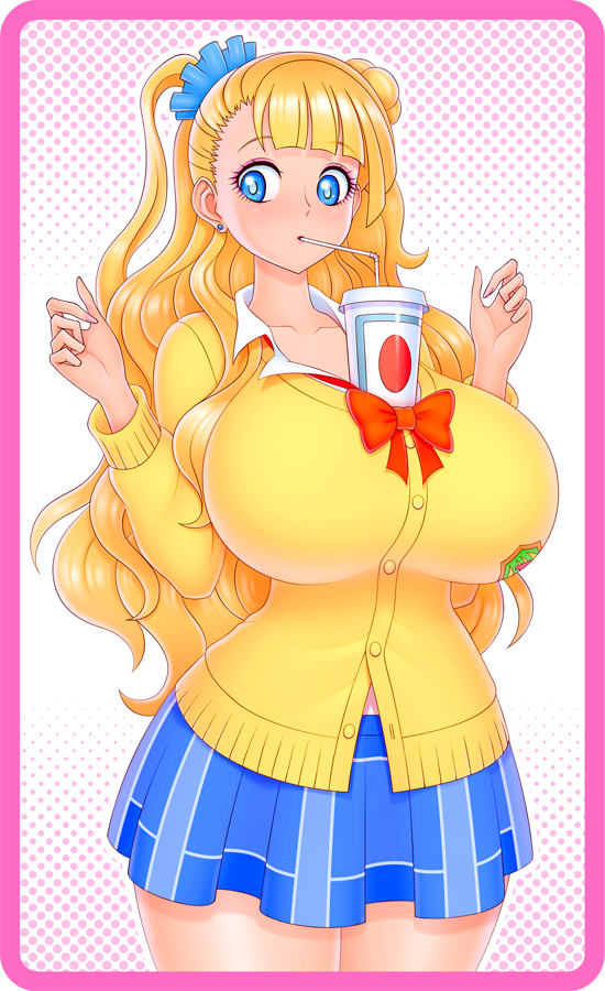 1girl akiranime bendy_straw blonde_hair blue_eyes blush breasts cleavage cup drink drinking_straw galko hair_bun long_hair open_mouth oshiete!_galko-chan ponytail ribbon school_uniform shiny shiny_hair shiny_skin side_ponytail skirt tawawa_challenge thick_thighs thighs tied_hair tight uniform