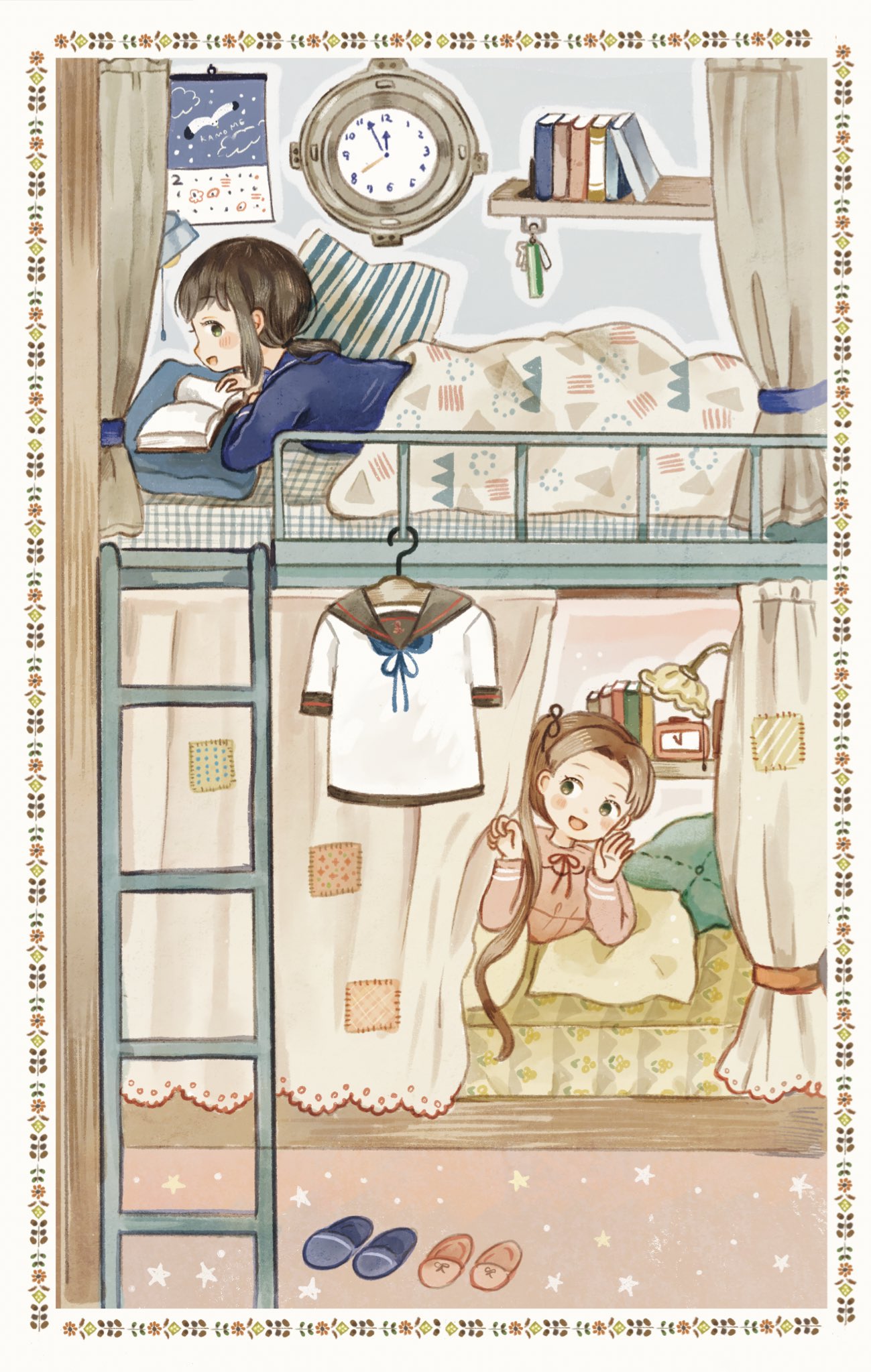 2girls ayanami_(kantai_collection) bed black_hair blush_stickers book bookshelf brown_hair bunk_bed calendar_(object) clock clothes_removed commentary_request curtains fubuki_(kantai_collection) green_eyes highres kantai_collection ladder long_hair low_ponytail multiple_girls onigiri_(ginseitou) ponytail remodel_(kantai_collection) school_uniform serafuku short_ponytail side_ponytail sidelocks sleepwear slippers under_covers