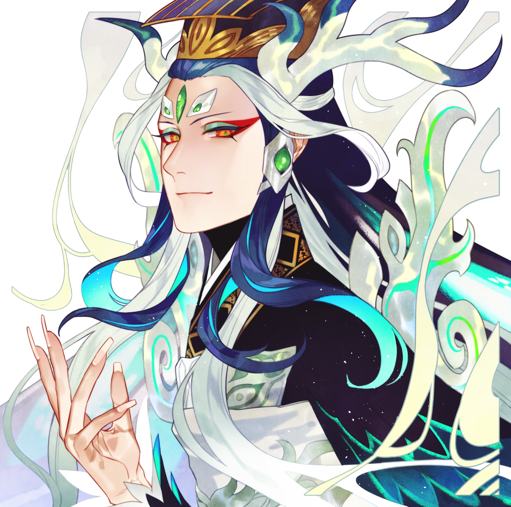 1boy androgynous antlers black_hair chinese_clothes eyeshadow fate/grand_order fate_(series) fingernails forehead_jewel long_fingernails long_hair makeup male_focus mian_guan multicolored_hair qin_shi_huang_(fate/grand_order) red_eyes red_eyeshadow sidelocks sindri solo two-tone_hair very_long_hair white_hair
