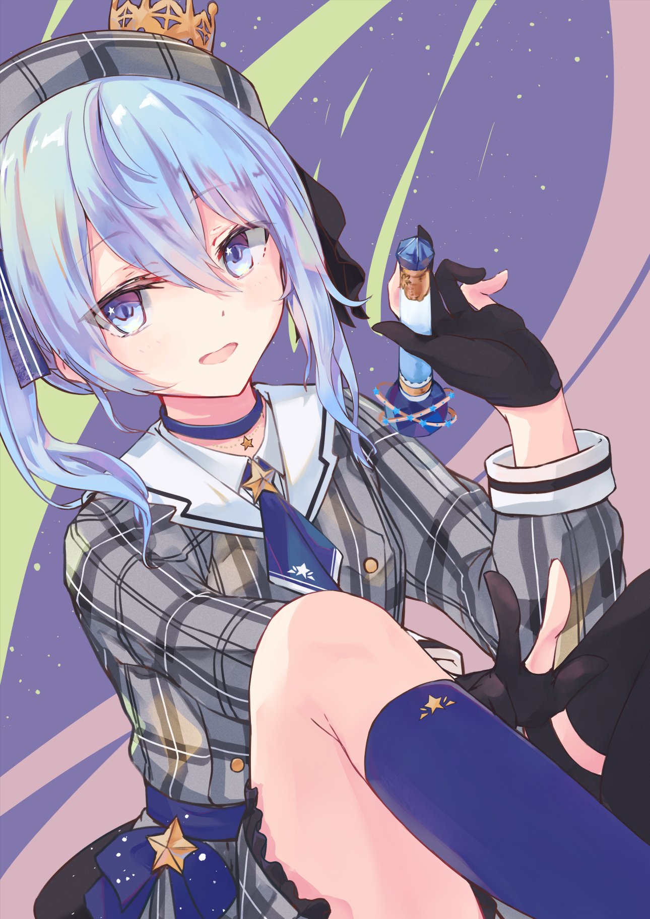 1girl bangs beret black_gloves blue_choker blue_eyes blue_hair choker crown dress gloves hair_between_eyes hat highres holding holding_microphone hoshimachi_suisei kneehighs long_sleeves looking_at_viewer microphone navy_blue_legwear open_mouth partly_fingerless_gloves plaid plaid_dress plaid_hat shinsoyori skirt solo star star_in_eye suisei_channel symbol_in_eye