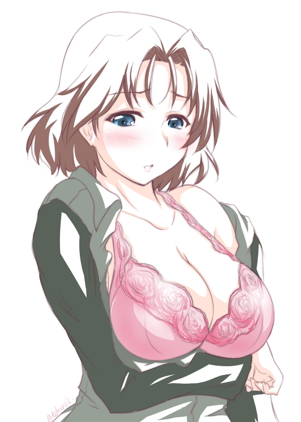 1girl azumi_(girls_und_panzer) bangs blue_eyes blush bra breast_hold breasts brown_hair cleavage commentary girls_und_panzer grey_jacket half-closed_eyes jacket large_breasts looking_at_viewer military military_uniform parted_bangs parted_lips partially_unbuttoned pink_bra selection_university_military_uniform short_hair simple_background solo twintails underwear uniform upper_body white_background yts_takana