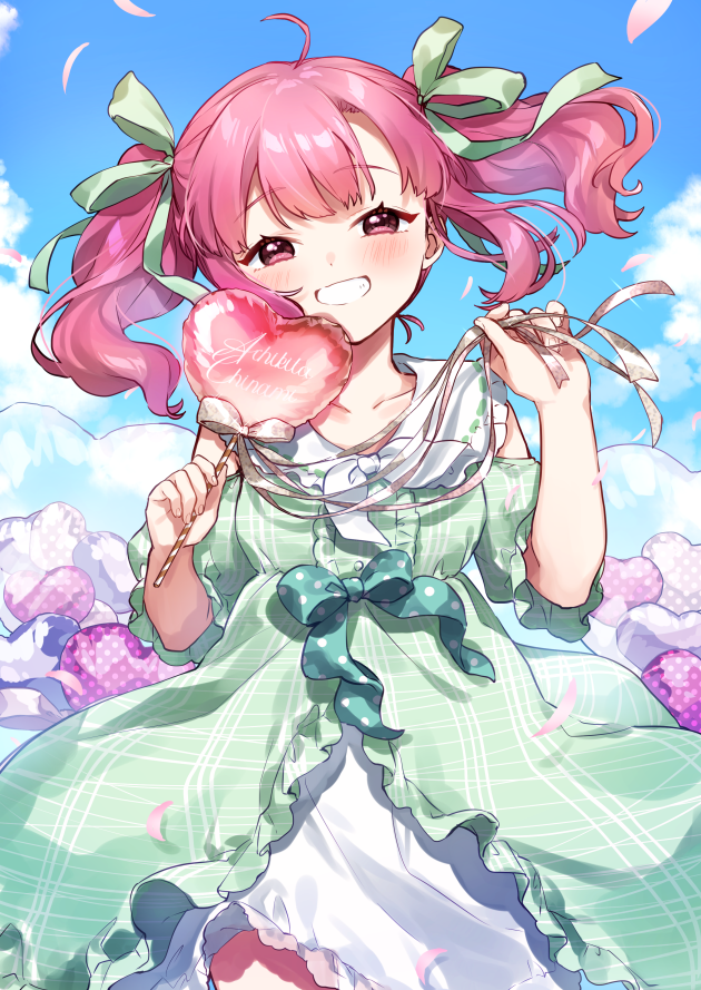 1girl achikita_chinami ahoge bangs blue_sky blush bow cloud collarbone commentary_request day dress eyebrows_visible_through_hair frilled_dress frills green_bow green_dress green_ribbon grey_bow grey_ribbon grin hair_ribbon heart holding looking_at_viewer nijisanji outdoors petals pink_hair pink_ribbon plaid plaid_dress polka_dot polka_dot_bow puffy_short_sleeves puffy_sleeves red_eyes ribbon short_sleeves shoulder_cutout sky smile solo twintails virtual_youtuber yamabukiiro