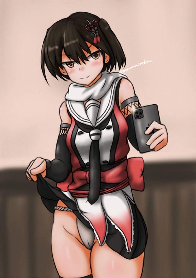 bare_shoulders black_gloves black_skirt brown_eyes brown_hair cellphone cosplay elbow_gloves fingerless_gloves fundoshi gloves hair_ornament japanese_clothes kaga_(kantai_collection) kantai_collection long_hair neckerchief panamacarbine phone scarf school_uniform self_exposure self_shot sendai_(kantai_collection) sendai_(kantai_collection)_(cosplay) serafuku skirt skirt_lift smartphone white_scarf