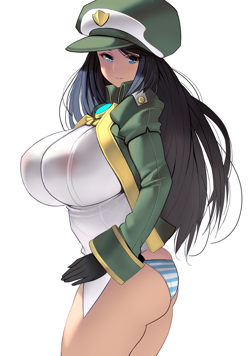 1girl ass bangs black_hair blue_eyes breasts gloves hat highres huge_breasts impossible_clothes long_hair looking_at_viewer masao no_pants original panties profile solo striped striped_panties swept_bangs underwear uniform white_background