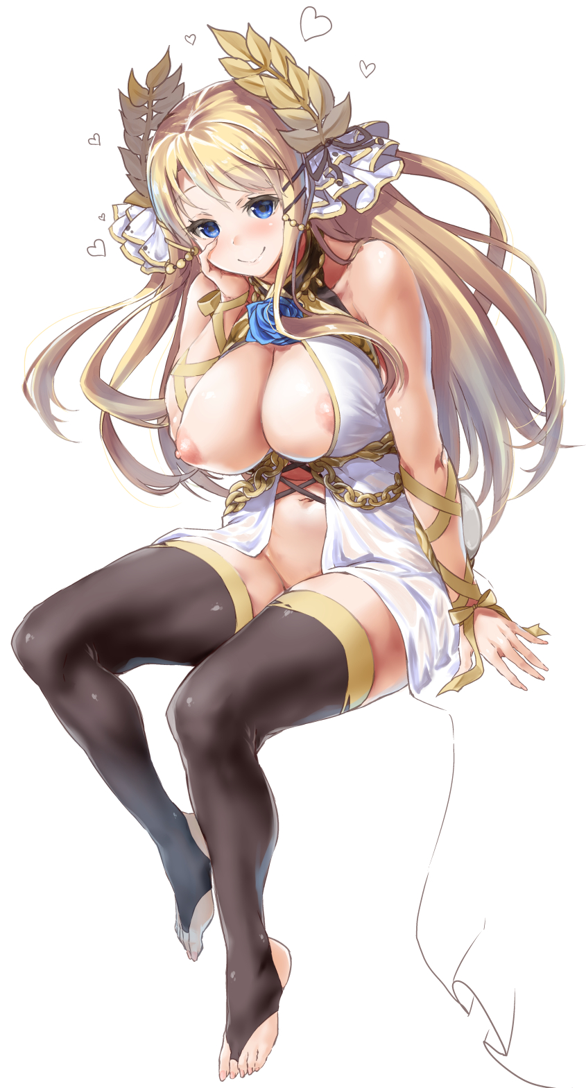 areola_slip areolae azur_lane bare_shoulders barefoot blonde_hair blue_eyes blue_flower blush breasts chain collarbone colored_eyelashes d_kurouri eyebrows_visible_through_hair flower hair_ornament halter_dress hand_on_own_face heart highres jewelry large_breasts leaf long_hair looking_at_viewer navel necklace nipples ribbon sitting skindentation thighhighs victorious_(azur_lane) white_background zettai_ryouiki