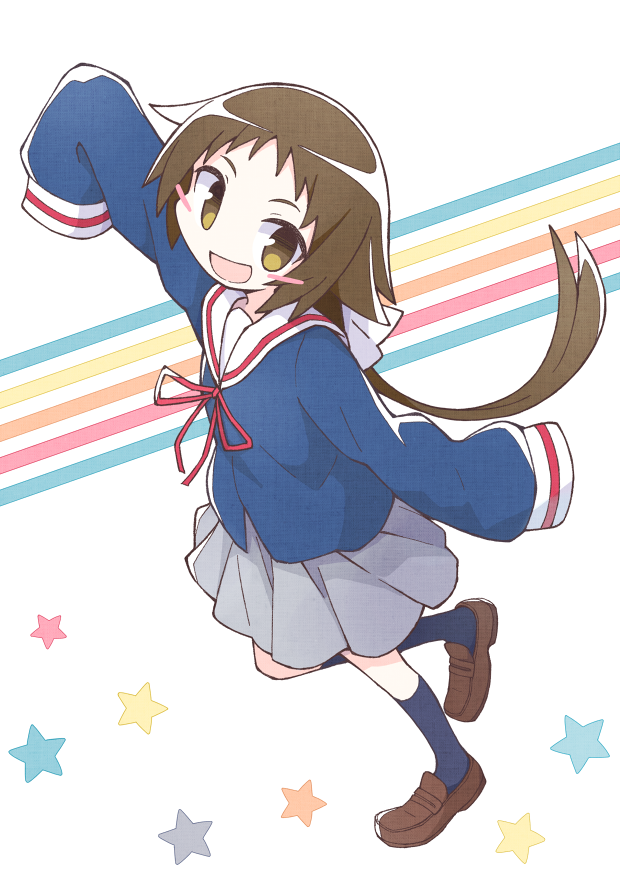 1girl :d asameshi blush blush_stickers bow brown_eyes brown_footwear brown_hair grey_skirt hair_bow long_hair looking_at_viewer mikakunin_de_shinkoukei mitsumine_mashiro navy_blue_legwear open_mouth outstretched_arms pleated_skirt ponytail sailor_collar school_uniform skirt sleeves_past_fingers sleeves_past_wrists smile socks solo standing white_bow white_sailor_collar