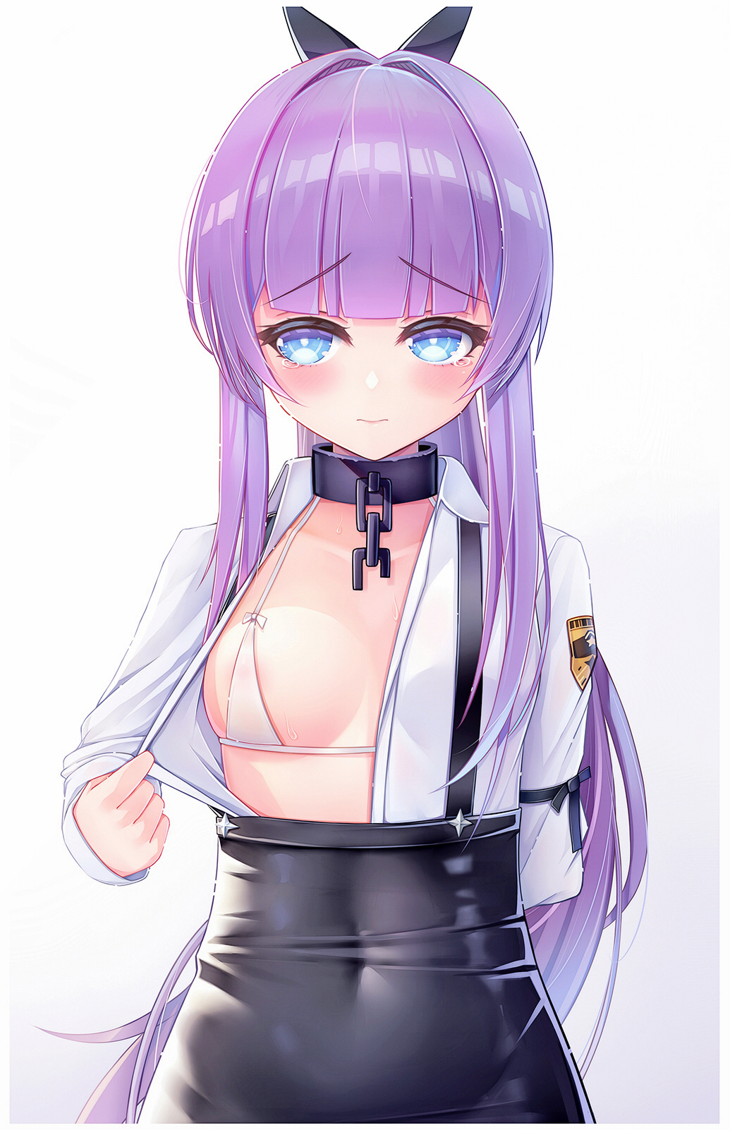 1girl areola_slip areolae azur_lane black_shorts blue_eyes blush breasts chain closed_mouth collar covered_navel eyebrows_visible_through_hair flat_chest gradient gradient_background hair_ribbon highres long_hair looking_at_viewer micro_bikini_top ponytail purple_hair ribbon shirt short_shorts shorts small_breasts solo suspender_shorts suspenders tashkent_(azur_lane) tashkent_(the_bound_cruiser)_(azur_lane) white_legwear white_shirt zhixue