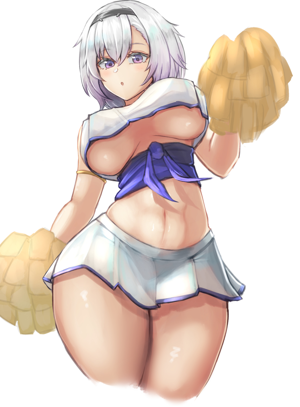 1girl :o armlet azur_lane bangs black_hairband blush breasts cheerleader commentary_request cowboy_shot cropped_legs eyebrows_visible_through_hair from_below grey_hair hair_between_eyes hairband hand_up highres holding_pom_poms large_breasts looking_at_viewer midriff miniskirt moppo navel pleated_skirt pom_poms purple_eyes purple_sash reno_(azur_lane) reno_(biggest_little_cheerleader)_(azur_lane) sash shirt short_hair sidelocks simple_background skirt sleeveless sleeveless_shirt solo standing underboob white_background white_skirt